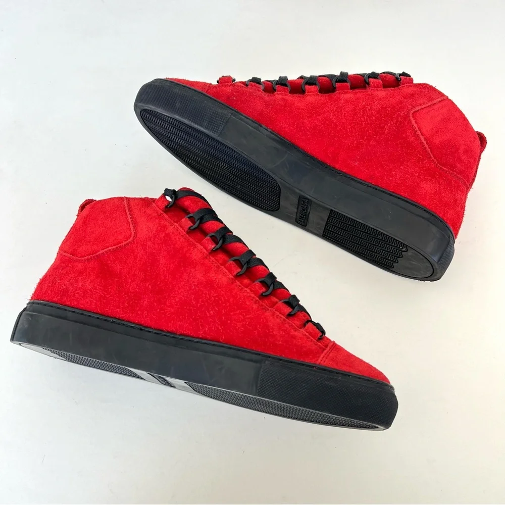 BALENCIAGA Arena Pavot Red Suede Black Trim High Top Lace Up Sneakers Sz 39